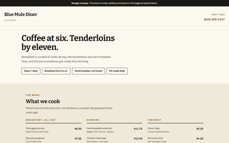 Screenshot of the Blue Mule Diner website