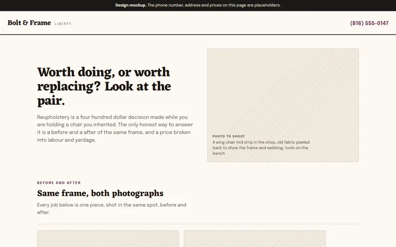 Screenshot of the Bolt & Frame Upholstery website
