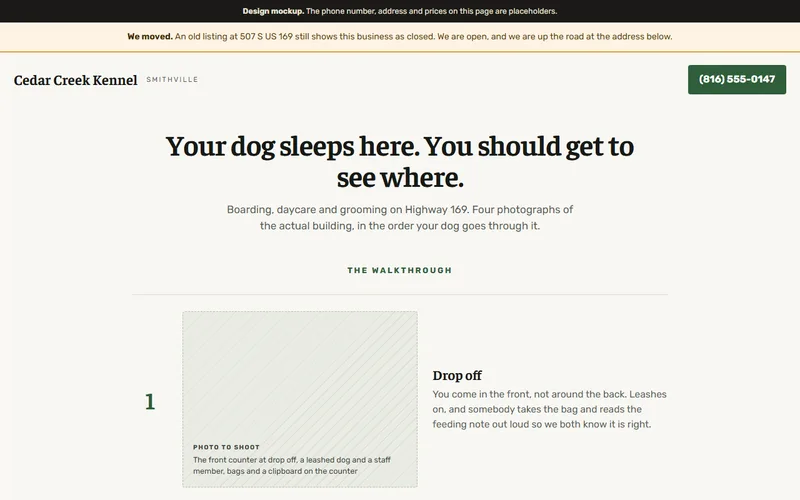 Screenshot of the Cedar Creek Kennel website