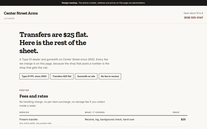 Screenshot of the Center Street Arms website