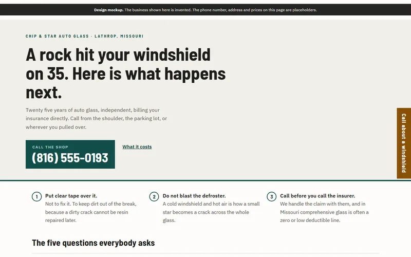 Screenshot of the Chip & Star Auto Glass website
