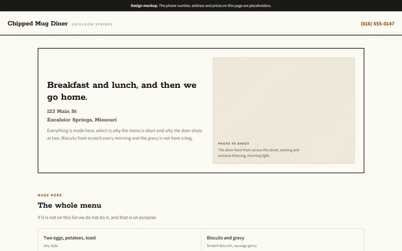 Screenshot of the Chipped Mug Diner website
