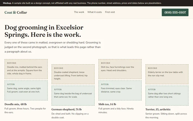 Screenshot of the Coat & Collar Dog Grooming website