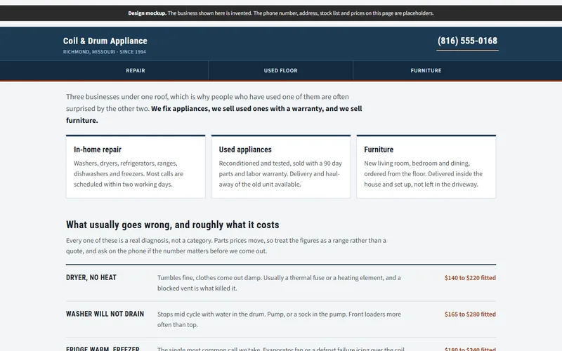 Screenshot of the Coil & Drum Appliance website