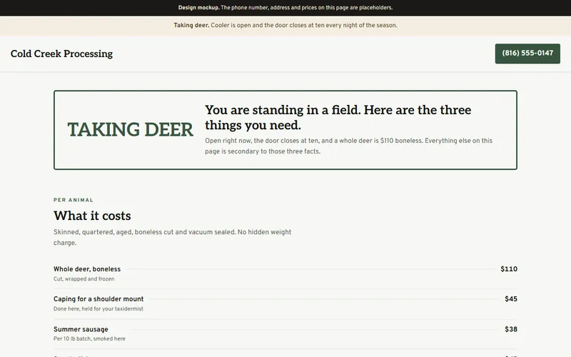 Screenshot of the Cold Creek Processing website