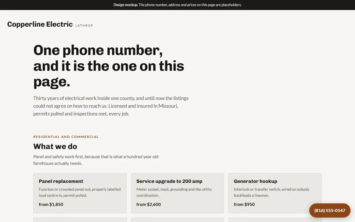 Screenshot of the Copperline Electric website
