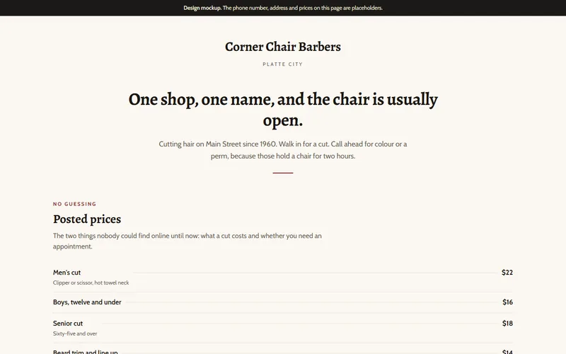 Screenshot of the Corner Chair Barbers website