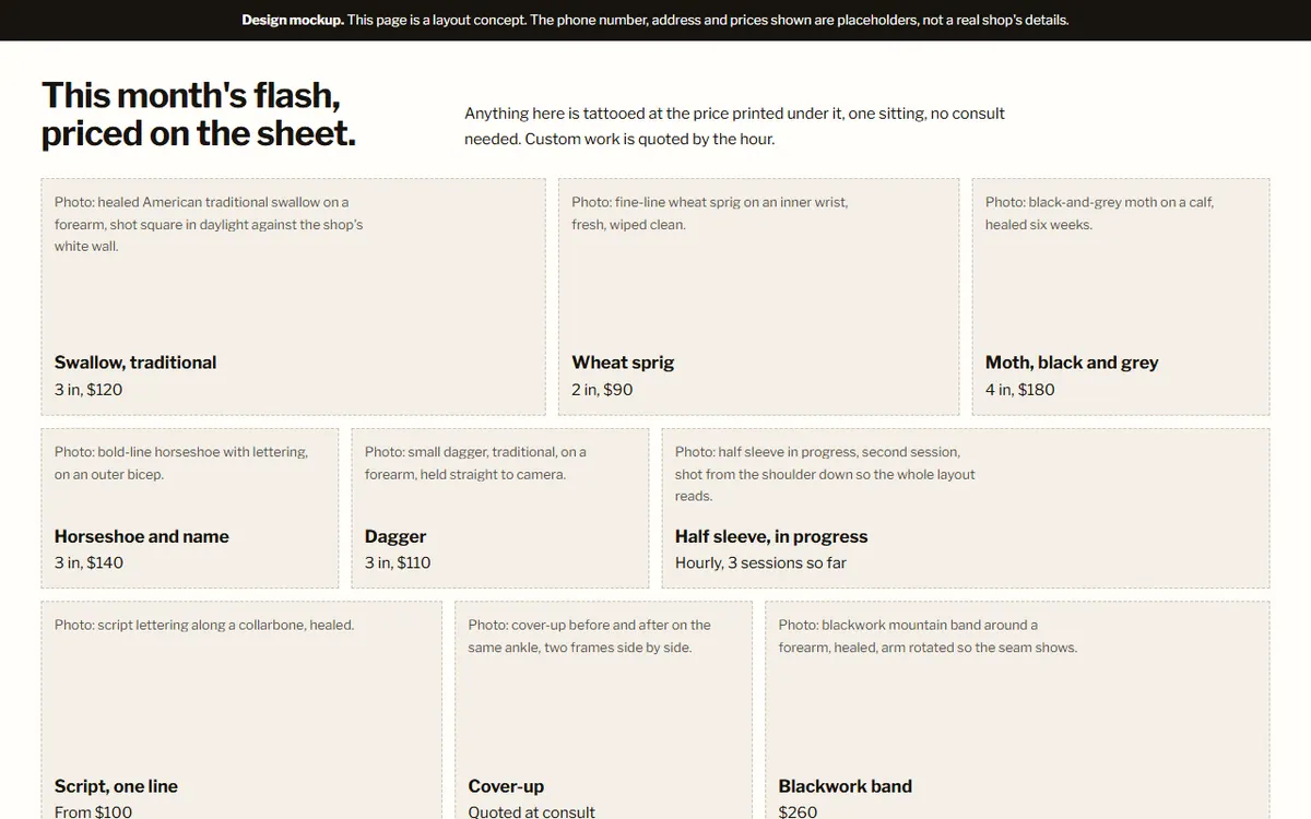 Screenshot of the Crow Quill Tattoo website