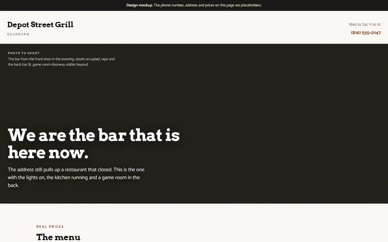 Screenshot of the Depot Street Grill website
