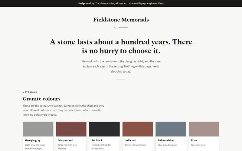 Screenshot of the Fieldstone Memorials website