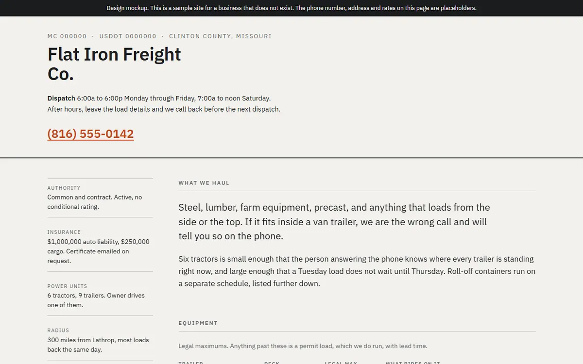 Screenshot of the Flat Iron Freight Co. website