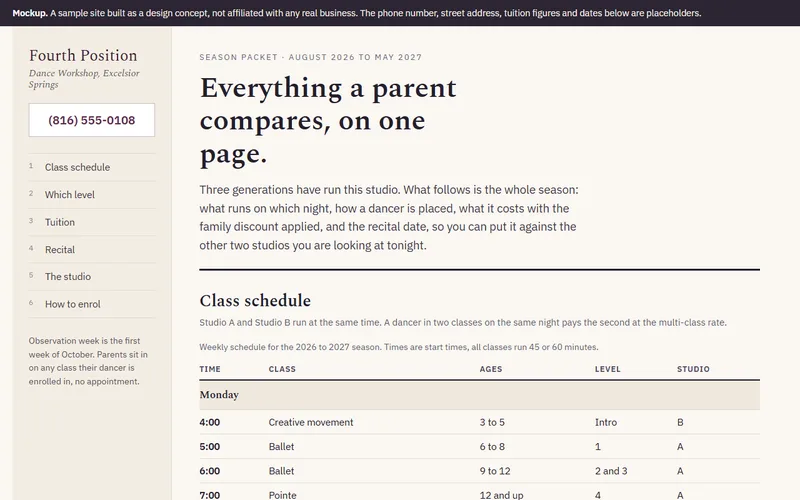Screenshot of the Fourth Position Dance Workshop website