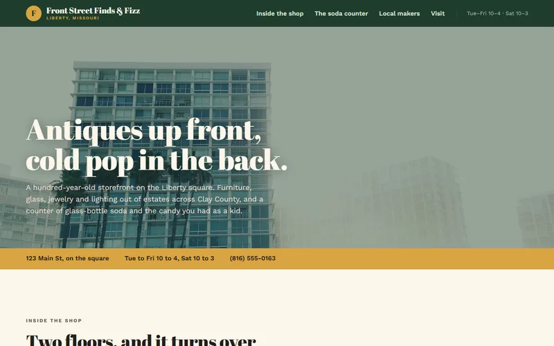 Screenshot of the Front Street Finds & Fizz website