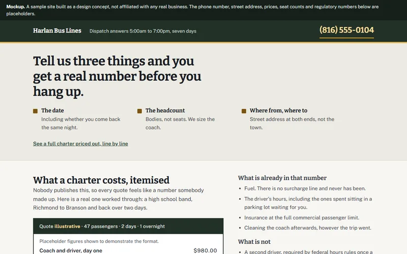 Screenshot of the Harlan Bus Lines website
