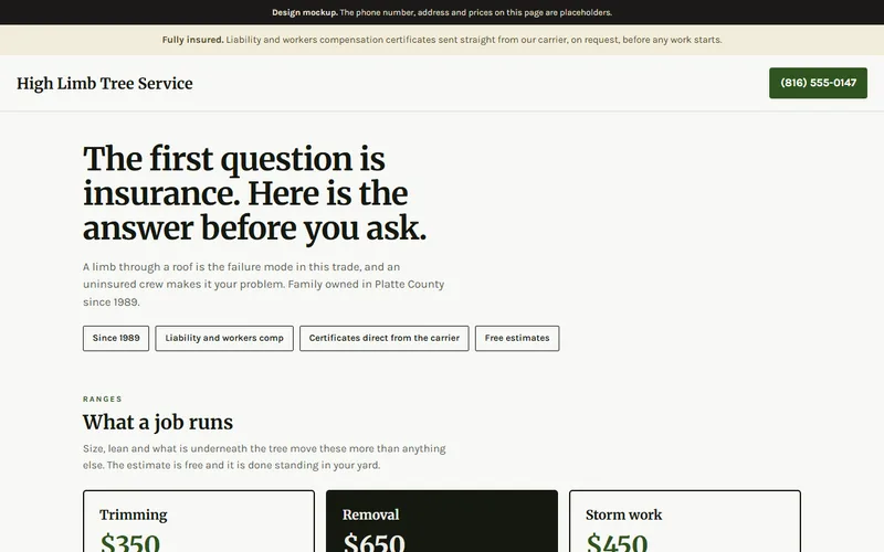 Screenshot of the High Limb Tree Care website