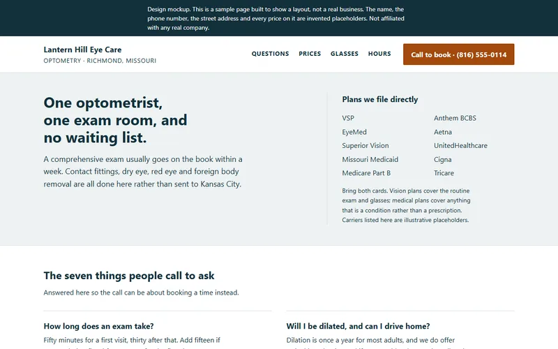 Screenshot of the Lantern Hill Eye Care website