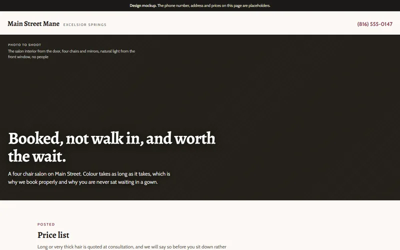 Screenshot of the Main Street Mane website