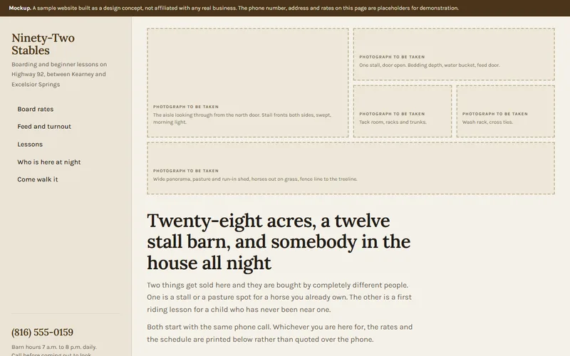 Screenshot of the Ninety-Two Stables website