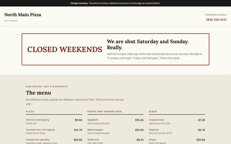 Screenshot of the North Main Pizza Co. website