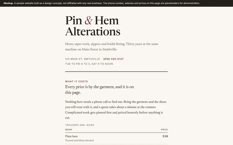 Screenshot of the Pin & Hem Alterations website