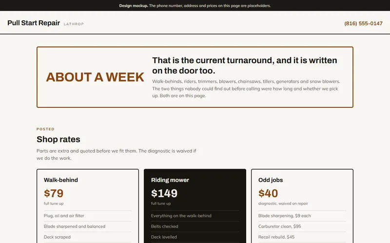 Screenshot of the Pull Start Repair website