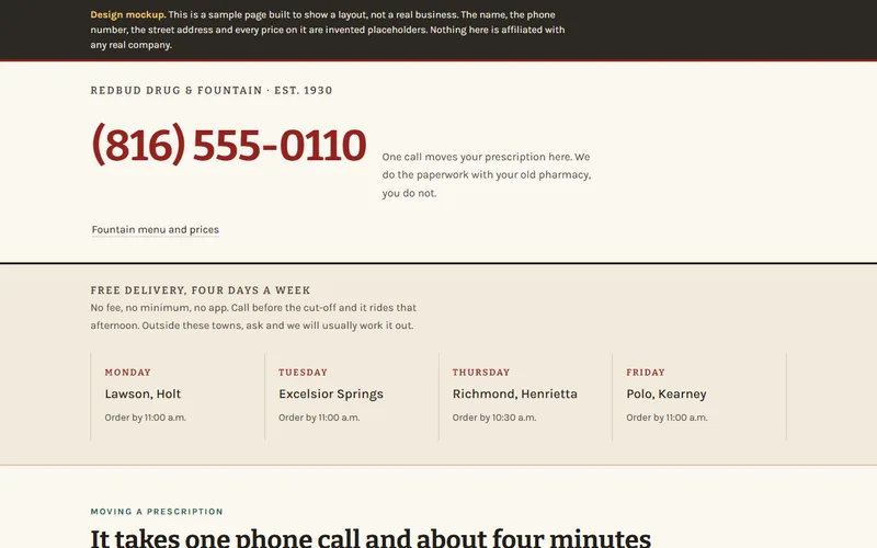 Screenshot of the Redbud Drug & Fountain website