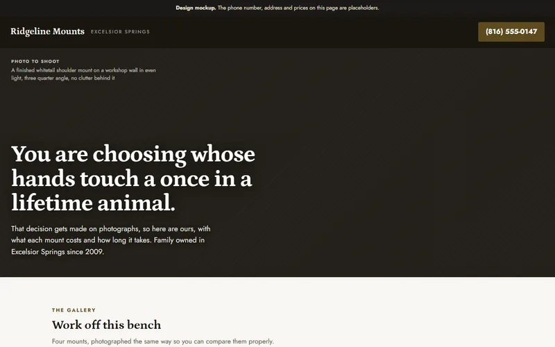 Screenshot of the Ridgeline Mounts Taxidermy website