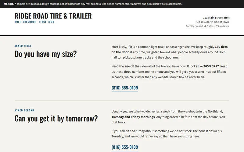 Screenshot of the Ridge Road Tire & Trailer website