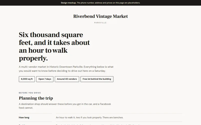 Screenshot of the Riverbend Vintage Market website