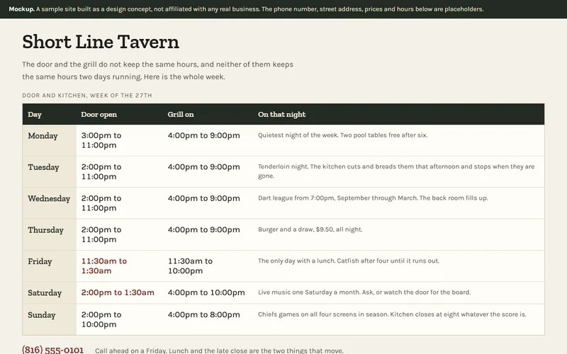 Screenshot of the Short Line Tavern website