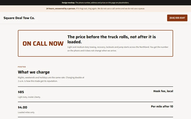 Screenshot of the Square Deal Tow Co. website