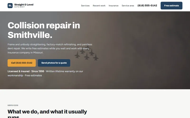 Screenshot of the Straight & Level Auto Body website