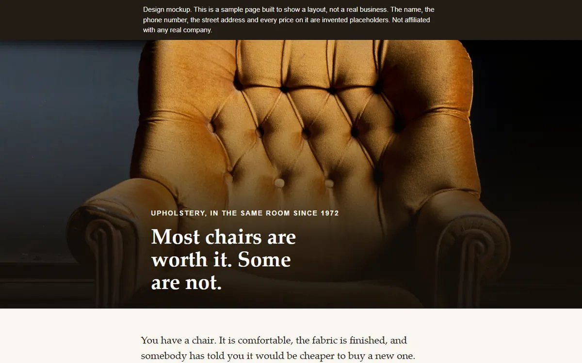 Screenshot of the Tack & Twine Upholstery website