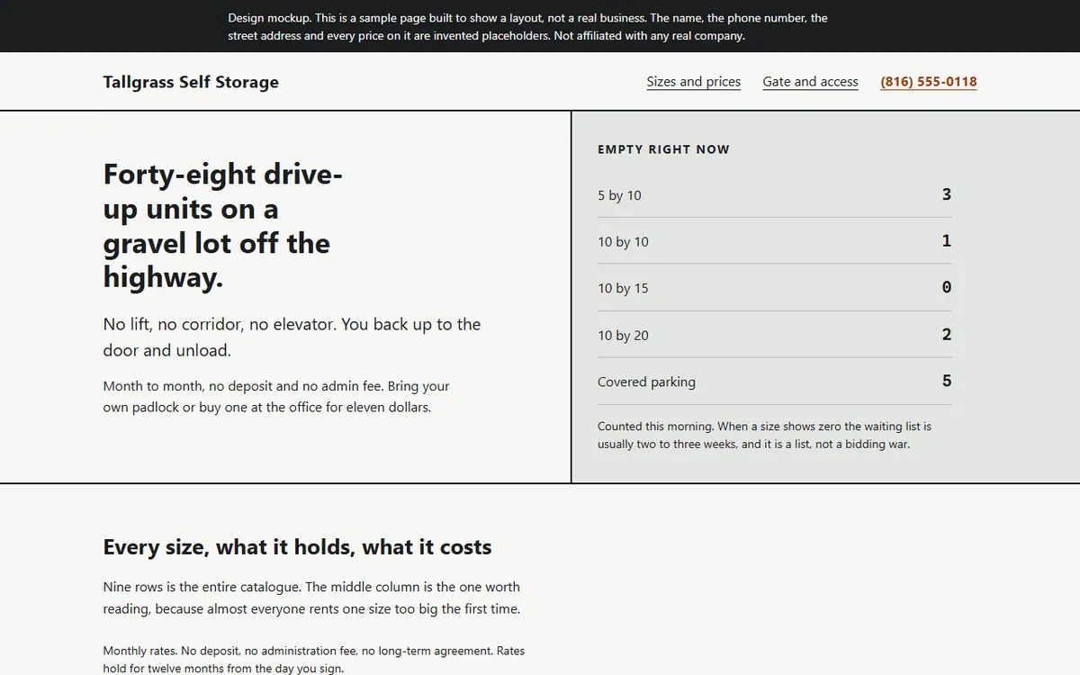 Screenshot of the Tallgrass Self Storage website