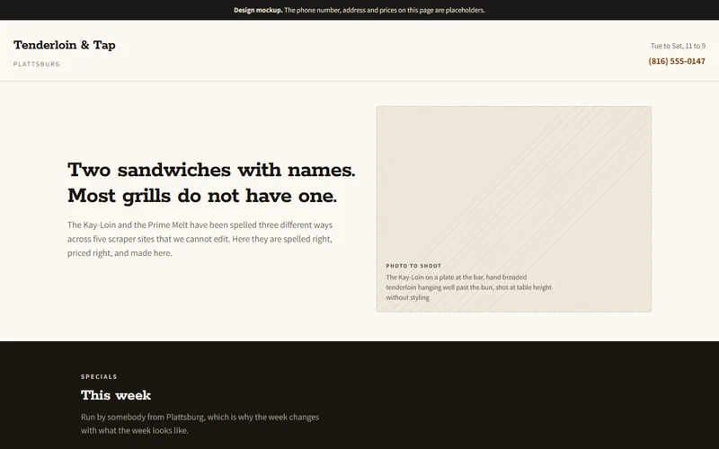 Screenshot of the Tenderloin & Tap website