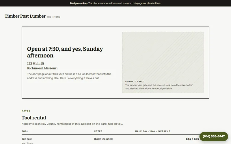 Screenshot of the Timber Post Lumber & Hardware website