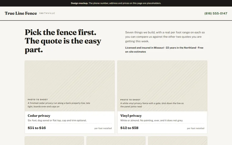 Screenshot of the True Line Fence website