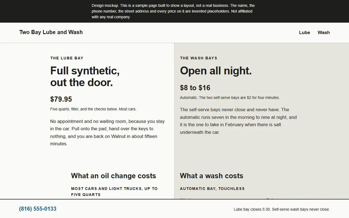 Screenshot of the Two Bay Lube and Wash website