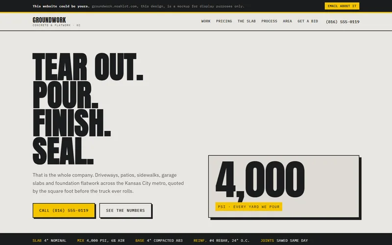 Screenshot of the Groundwork Concrete & Flatwork website