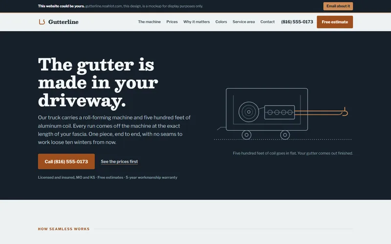 Screenshot of the Gutterline Seamless Gutters website