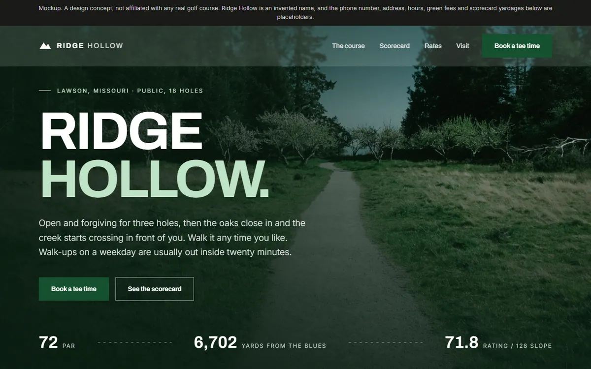 Screenshot of the Ridge Hollow Golf Course, concept 2 website