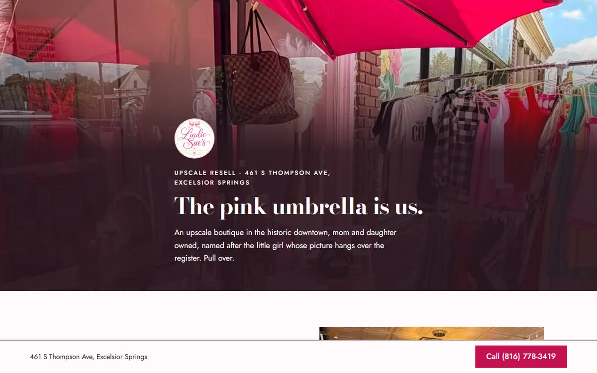 Screenshot of the Lindie Sue's Boutique, concept 1 website