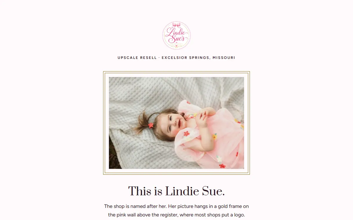 Screenshot of the Lindie Sue's Boutique, concept 2 website