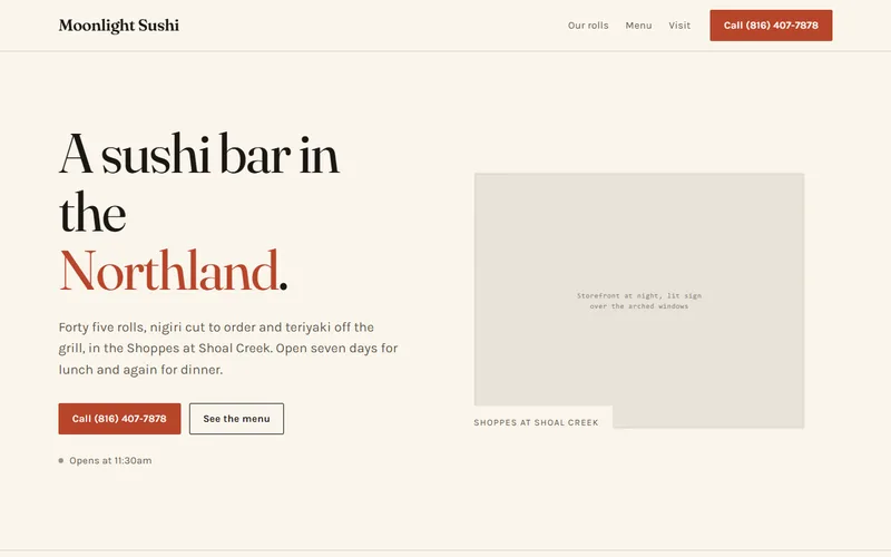 Screenshot of the Moonlight Sushi, concept 1 website