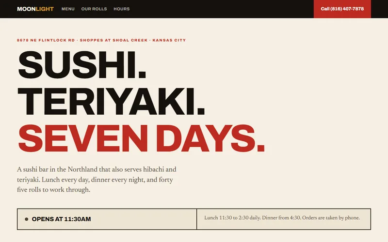 Screenshot of the Moonlight Sushi, concept 2 website