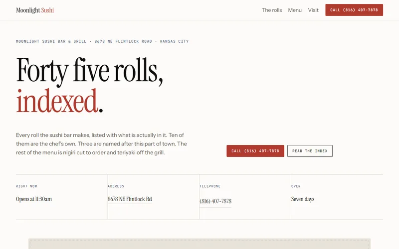 Screenshot of the Moonlight Sushi, concept 3 website