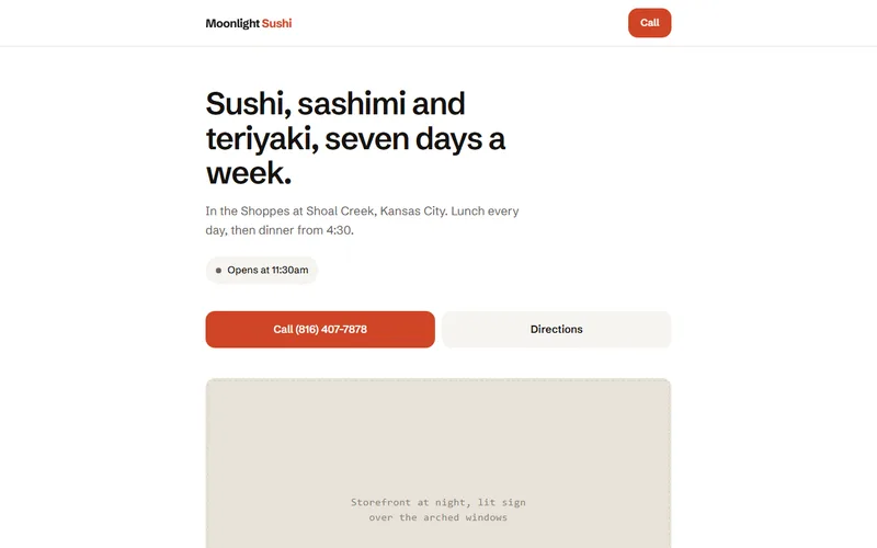Screenshot of the Moonlight Sushi, concept 5 website